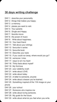 the 30 days writing challenge is shown in black and white, with text on it