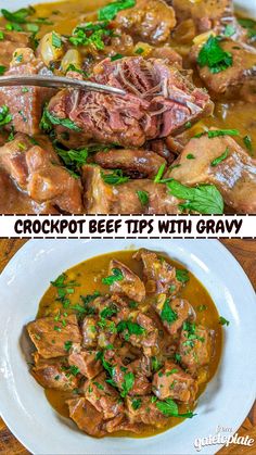 crockpot beef tips with gravy in a white bowl