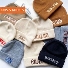 🎁 Custom Embroidery Beanie 🎁 Celebrate in style with our personalized baby beanies! Perfect for newborns and available in matching sizes for kids and adults, these cozy hats make for a thoughtful baby shower gift or a charming Christmas present. Choose from a variety of custom embroidery options to make each beanie uniquely yours. Order today and keep everyone warm and stylish!  Expedited Shipping: https://www.etsy.com/listing/1500396927/expedited-shipping 3 Sizes Available: S (3 Months - 1 Ye Winter Cotton Hat With Letter Embroidery, White Embroidered Hat For Gift, White Embroidered Beanie Hat, Personalized Winter Hats For Gifts, Winter Cotton Hat For Gifts, Personalized Winter Hats As Gifts, Cotton Winter Hat For Gift, Cotton Winter Hat As A Gift, Winter Cotton Hat As Gift