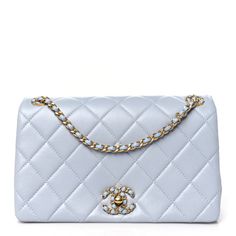 This is an authentic CHANEL Lambskin Quilted Braided CC Flap in Blue.This elegant shoulder bag is crafted of luxurious diamond quilted lambskin leather in blue The shoulder bag features a rear patch pocket, an aged gold chain link shoulder straps threaded with light blue leather, matching leather threaded chain link eyelets and front aged gold Chanel CC turn lock. This opens to a matching leather and fabric interior with a zipper and patch pocket. Thread Chains, Gold Chanel, Leather Thread, Diamond Quilt, Lambskin Leather, Blue Leather, Evening Bags, Chain Link, Gold Chain