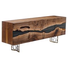 the sideboard is made out of wood and has metal handles on each side panel