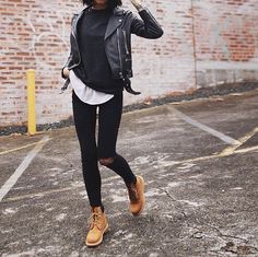 Tims Boots, Casual Chique Stijl, Style Casual Chic, Leather Jacket Outfits