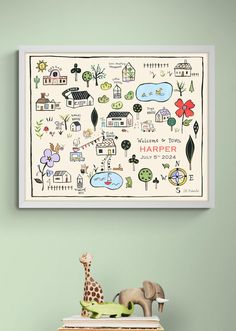 a green wall with a giraffe and other items on it