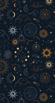 the sun, moon and stars are all drawn in gold on a dark blue background