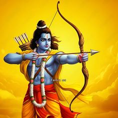 lord rama with bow and arrow in his hand, standing on the ground against an orange sky