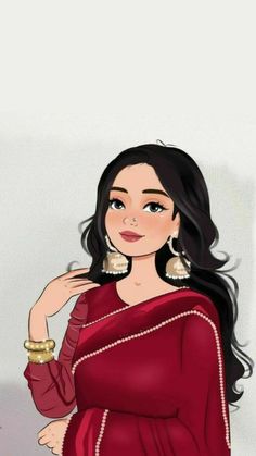 a woman with long black hair wearing a red sari and gold earrings, standing in front of a white wall