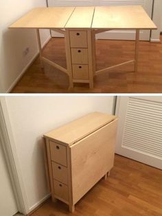 two pictures of a desk with drawers in the middle and one on the other side