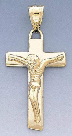 14K Gold Fancy Crucifix pendant measuring 25mm W x 53mm H including hook.