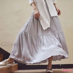 Qteee - Midi Flared Cotton Skirt in Solid Color - Ethnic Style, Literature-Inspired, and Beach-Ready Beach Maxi Skirt, Grunge Skirt, Long Skirt Summer, Grey Skirt, Cotton Midi Skirt, Maxi Skirt Boho, Womens Maxi Skirts, Langer Rock, Beach Skirt