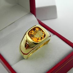 AAAA Golden Citrine   9x9mm  2.72 Carats   Heavy 14K Yellow gold Cushion checkerboard cut Mans Ring Men Party, Square Crystal, Signet Ring Men, Gold Cushions, Gold Rings Jewelry, Ring For Men, Citrine Gemstone, Mens Gold, Gold Plated Silver