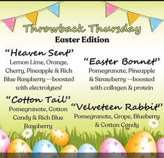 an easter party flyer with eggs and bunnies