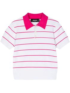 white/fuchsia pink ribbed knit horizontal stripe pattern polo collar front button placket short sleeves straight hem cropped White Ribbed Polo Collar Top, White Ribbed Top With Polo Collar, Fitted Striped Polo Shirt With Ribbed Collar, Striped Polo Shirt With Ribbed Collar For Summer, Fitted Striped Polo Shirt For Summer, Summer Fitted Striped Polo Shirt, Summer Polo Shirt With Horizontal Stripes, Fitted Polo Shirt With Striped Collar For Summer, Fitted Summer Polo Shirt With Striped Collar