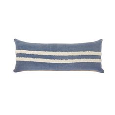 a blue and white striped pillow on a white background