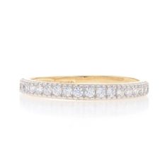 Size: 6 3/4 Sizing Fee: Up 2 Sizes For $35 Or Down 1 Size For $25 Metal Content: 14k Yellow Gold & 14k White Gold Stone Information Cubic Zirconias Carat(S): .17ctw Dew Cut: Round Brilliant Color: Clear Total Carats: .17ctw Style: Wedding Band With Cubic Zirconias Measurements Face Height (North To South): 1/8" (2.5mm) Rise Above Finger: 3/32" (1.7mm) Weight: 1.2 Grams Stamps: 14k (Partial) Condition: Pre-Owned Professionally Cleaned, Polished, And Tested To Guarantee Metal Content. Yellow Gold Diamond Bands With Brilliant Cut, Dazzling Gold Half Eternity Wedding Ring, Yellow Gold Bands With Brilliant Cut For Promise, Gold Cubic Zirconia Half Eternity Wedding Ring, Promise Eternity Band In Yellow Gold With Brilliant Cut, Promise Yellow Gold Eternity Band With Brilliant Cut, Yellow Gold Cubic Zirconia Bands, Promise Eternity Band In Brilliant Cut Yellow Gold, Promise Eternity Band In Yellow Gold With Cubic Zirconia