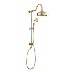 the shower head and handset are shown in gold, with an overhead sprayer