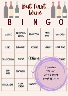 a wine tasting game with the words but first, wine bingo written in red and purple