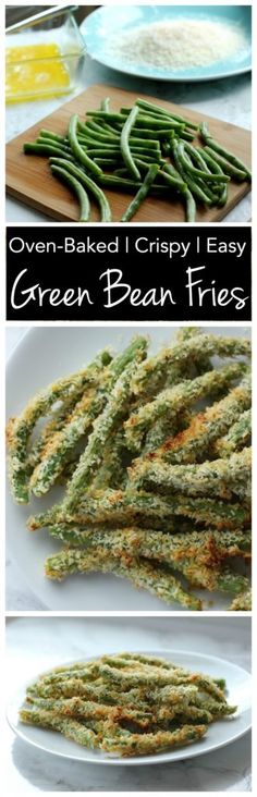 green bean fries on a white plate with the words oven - baked crispy easy