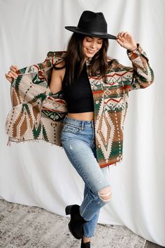 An Aztec pattern button-up shacket featuring a collar, long sleeves, pockets, and oversized fitting. Aztec Shacket, Western Boho Outfits, Aztec Clothing, Shacket Outfit, Boring Clothes, Western Boho, Aztec Pattern, Outfits With Hats, Fashion Plates