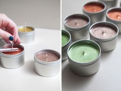 two pictures side by side, one showing different colored candles in tins and the other showing