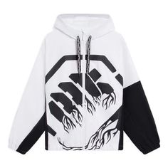 Li-Ning BadFive Big Logo Full Zip Hooded Jacket 'White Black' AFDS569-6 Hooded Windbreaker With Graphic Print For Spring, Hooded Graphic Print Windbreaker For Spring, White Windbreaker With Drawstring Hood For Fall, Hooded Graphic Print Spring Windbreaker, White Windbreaker With Drawstring Hood, Casual Hooded Windbreaker With Graphic Print, White Track Jacket With Drawstring Hood For Fall, Urban White Hooded Jacket With Double-lined Hood, White Long Sleeve Windbreaker With Drawstring Hood