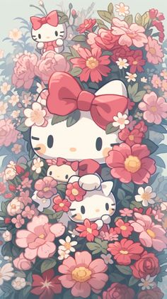 an image of hello kitty surrounded by flowers