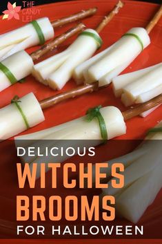 delicious witches brooms for halloween on a red plate