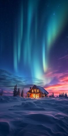 the aurora bore is shining brightly in the sky above a cabin on snow covered ground