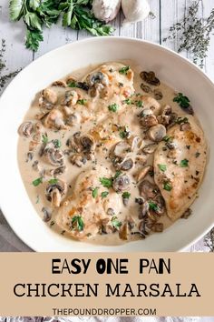 chicken marsala with mushrooms and parsley in a white bowl on a wooden table