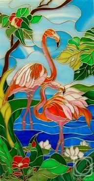 two pink flamingos standing next to each other in front of flowers and leaves on a stained glass window