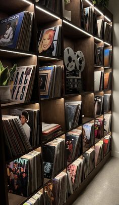 a book shelf filled with lots of records and movies on top of wooden shelving