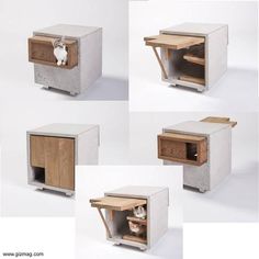 four different views of a cat house made out of concrete and wood with cats in it