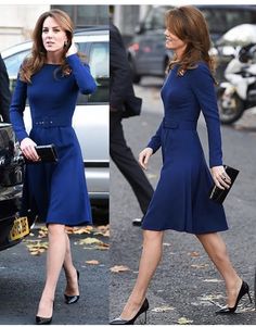 two pictures of the same woman in blue dresses, one is wearing black heels and the other has dark hair