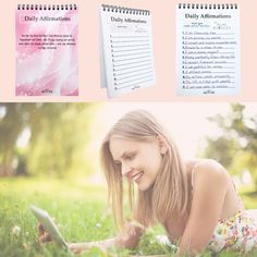 a woman laying on the grass with a laptop computer next to her and an image of a daily planner