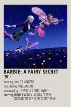 the poster for barbie's fairy secret, featuring two girls flying through the air