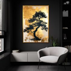 a living room with black walls and a painting hanging on the wall above a white chair