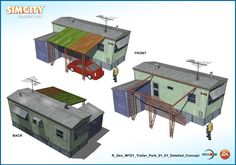 three different types of buildings with people standing outside the building and one has a green roof