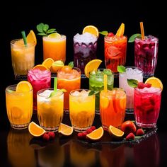 many different types of drinks are lined up on a table with strawberries and oranges