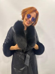 Women's Black Lambskin Fox Fur Detail Leather Coat.Collar And Sleeves Fox Fur Satın Lining Handmade Winter Evening Leather Outerwear, Leather Outerwear For Winter Evenings, Leather Outerwear For Evening In Winter, Leather Jacket Long, Coat Collar, Womens Jackets, Jacket Long, Fox Fur, Leather Coat