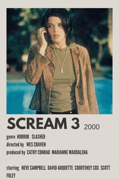 the poster for scream 3 is shown in front of a swimming pool with a woman talking on her cell phone