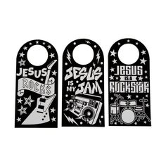 three black and white door hangers with different designs on them, one has a rock band