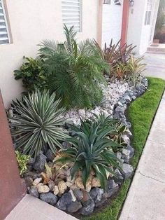 a small garden with plants and rocks in the grass next to a building on a sidewalk