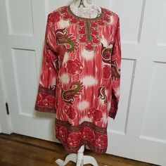 *Nwt *Bright Print With Red Rhinestones On Roses *Long Sleeves *100% Viscose *Light Weight *22" Underarm To Underarm *34" Length (184) Red Tunic For Summer Festivities, Casual Red Dress For Festive Occasions, Red Summer Festive Tunic, Red Long Sleeve Beach Tunic, Formal Cocktail Party, Cargo Jumpsuit, Red Floral Print V-neck Kaftan, Sage Green Dress, Max Studio Dress