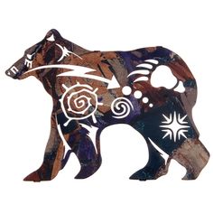 an animal made out of wood with designs on it