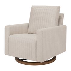 an upholstered swive chair with a wooden base and ribbed fabric on the back