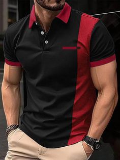 Black Casual Collar Short Sleeve Fabric Colorblock  Embellished Non-Stretch  Men Clothing Sports Tshirt, Sports Polo Shirts, African Shirts, Mens Stripes, Shirt Pattern