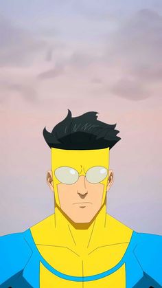 a cartoon character with glasses and a yellow jacket on, looking at the camera while standing in front of an overcast sky