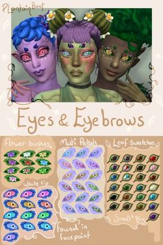 an image of eyes and eyebrows for different types of people with their faces painted in various colors