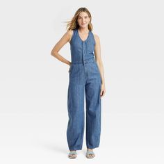 Women's Curved Leg Denim Jumpsuit - Universal Thread™ Medium Wash Jean Jumpsuit Outfit, Short Sleeve Denim Jumpsuit, Womens Denim Jumpsuit, Jean Jumpsuit, Womens Denim Overalls, Maxi Jumpsuit, Denim Jumper, Target Clothes, Jumpsuit Outfit