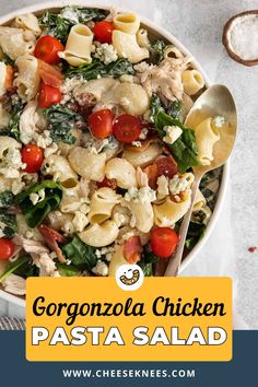 a bowl filled with pasta salad and topped with spinach, tomatoes, cheese and chicken