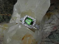 1.82 Ct AAAA Green Cushion cut Tourmaline 8x7mm in a 14K White Gold diamond Ring .40cts This is a solid 14K white gold ring set with a very rare and High quality green Tourmaline. Color as shown an almost Tsavorite green. This is a Natural Untreated Cushion cut gemstone. Stone is perfect with no visible internal flaws. Stone has a great cut cut that really helps create a lively stone. Clarity of this gem is Si, eye clean with no visible inclusions when viewing the stone from the top down. . Gems Turquoise Jewelry Set, 14k White Gold Diamond Ring, Green Cushions, Gold Ring Sets, Gold Diamond Ring, White Gold Diamond Rings, White Gold Jewelry, 14k White Gold Ring, Top Down